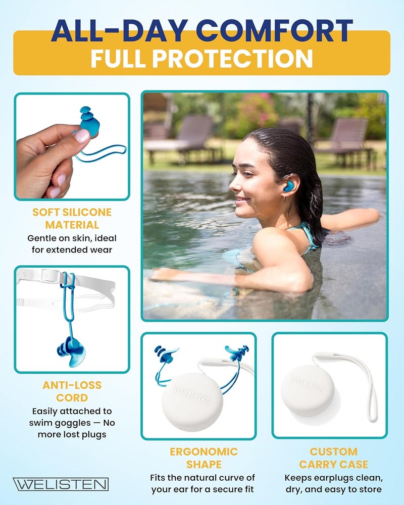 Welisten Swimming Ear Plugs for Adults,Waterproof Reusable Silicone Ear Plugs with Strap & Custom Case, Swimmer Earplugs for Surfing, Diving, Showering, Pool and Other Water Sports (Adults & Teens 14+) - Image 2